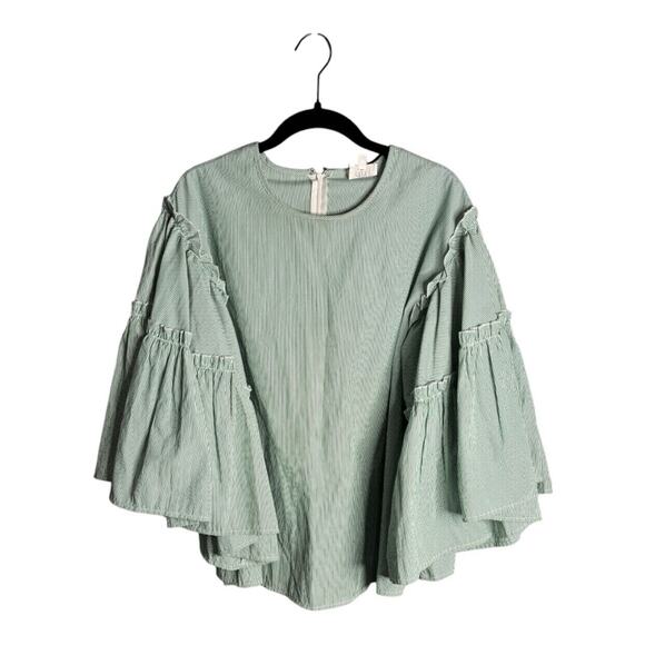 DRA Green and White Striped Blouse With Flared Ruffle Sleeves Zipper Back Size S - Picture 1 of 7